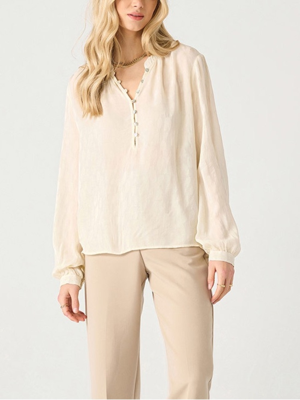 Black tape Pearl White Lightweight V-Neck Blouse - Women's Relaxed Top